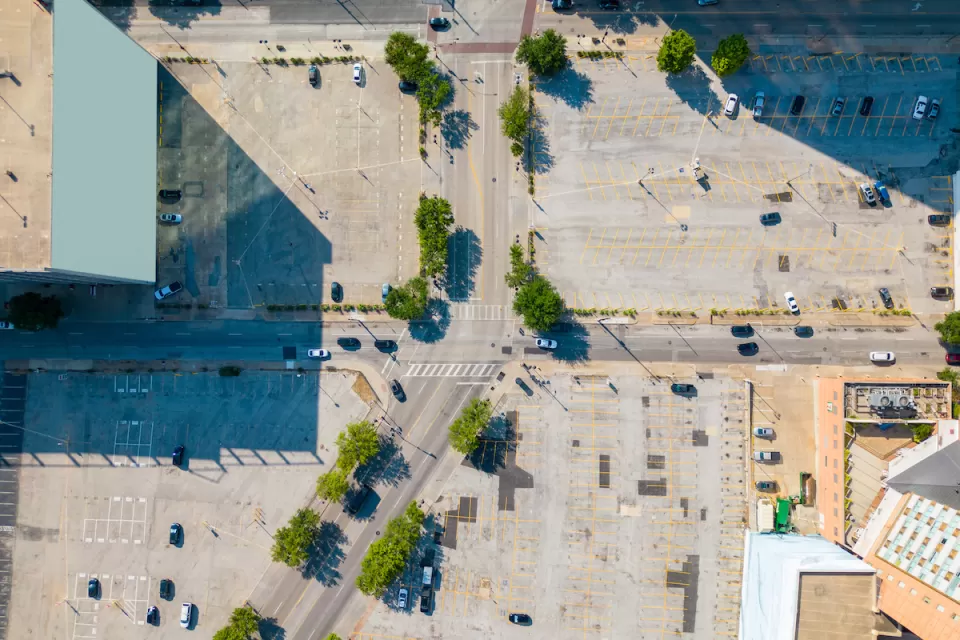 Aerial view of downtown Dallas surface parking lots